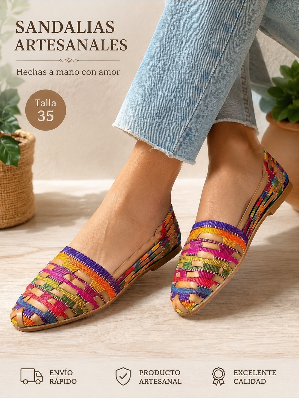 Mexican‎ Huarache Sandals Women's Size 5 Colorful Woven Leather Flats Boho⁠